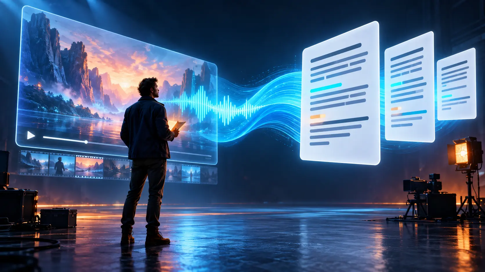 A filmmaker viewing a luminous video frame connected to floating transcript panels.