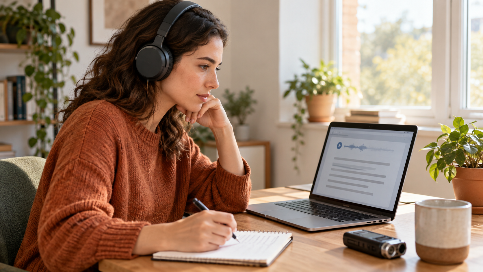 An illustrative scene of a woman wearing headphones, listening to recorded audio and checking a transcript on a laptop at a bright desk.