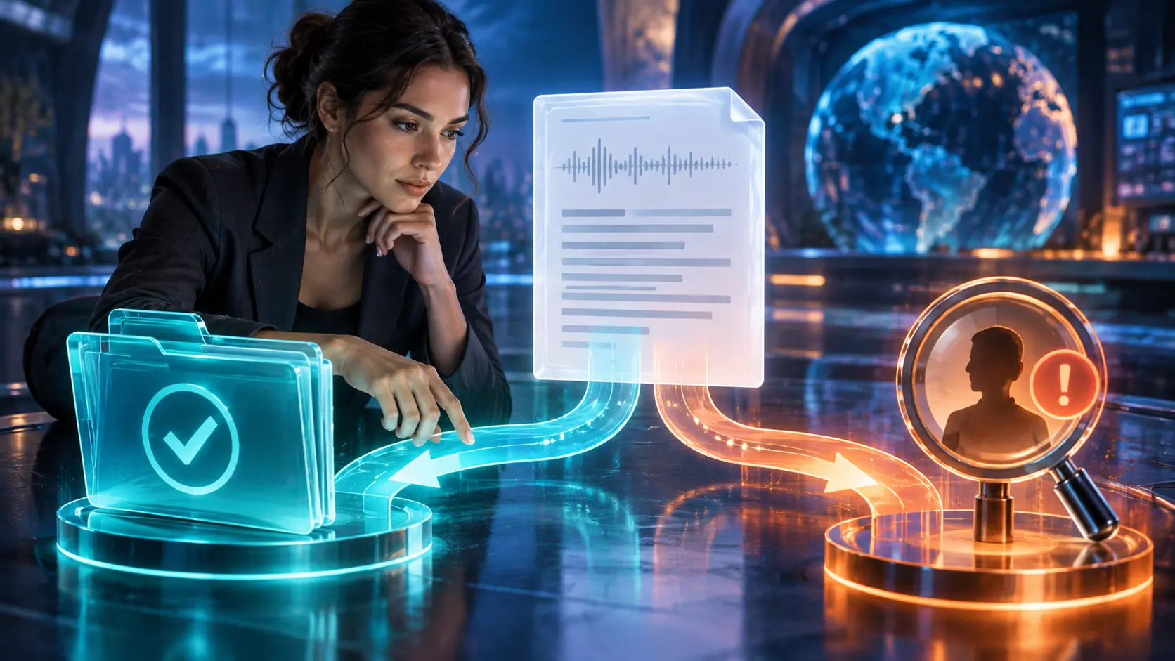 Cinematic conceptual image for Transcription Confidence Scores, featuring a person interacting with audio or transcript elements.