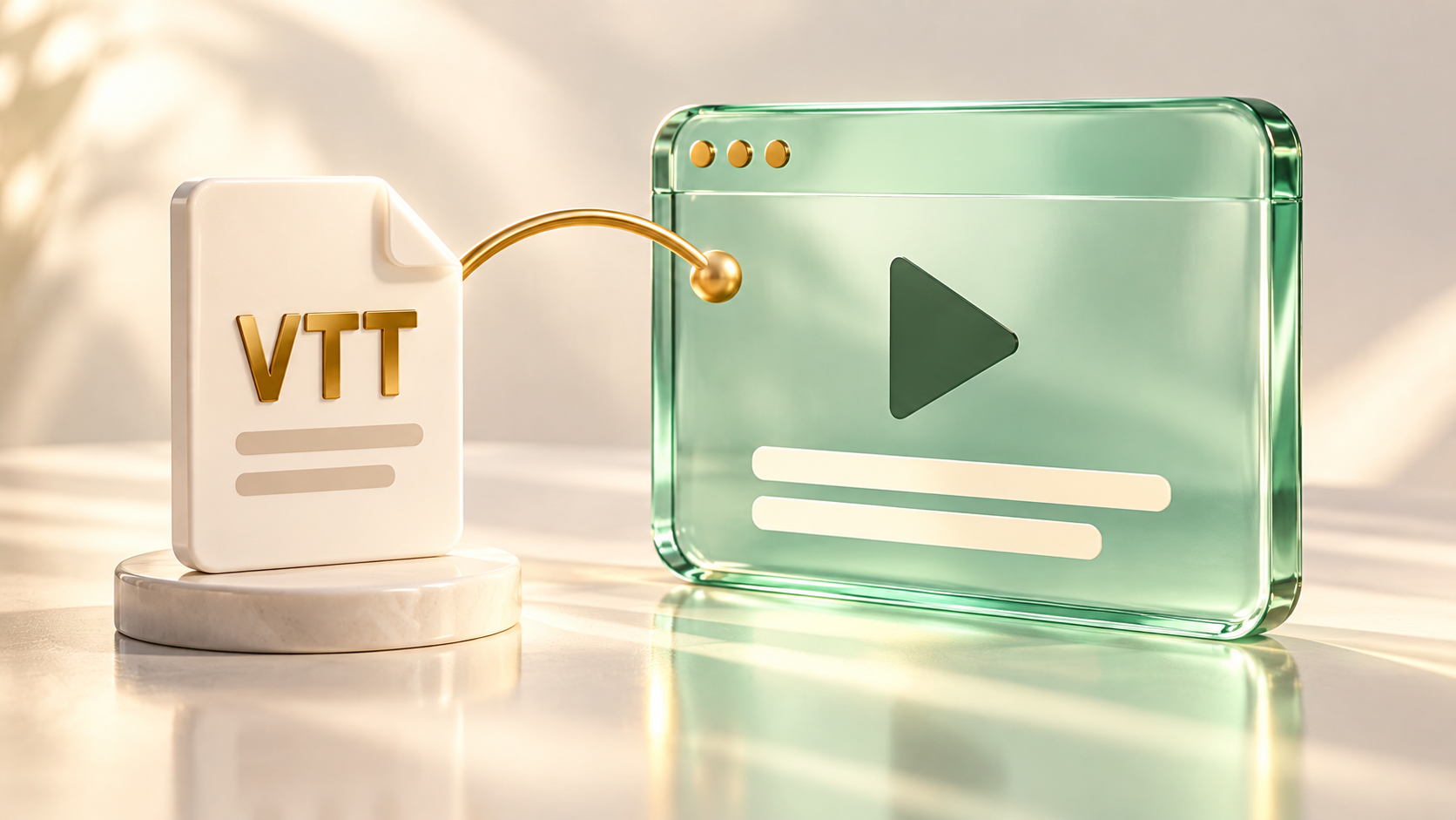 A white VTT document tile connects to a mint-glass web video frame with two caption bars.