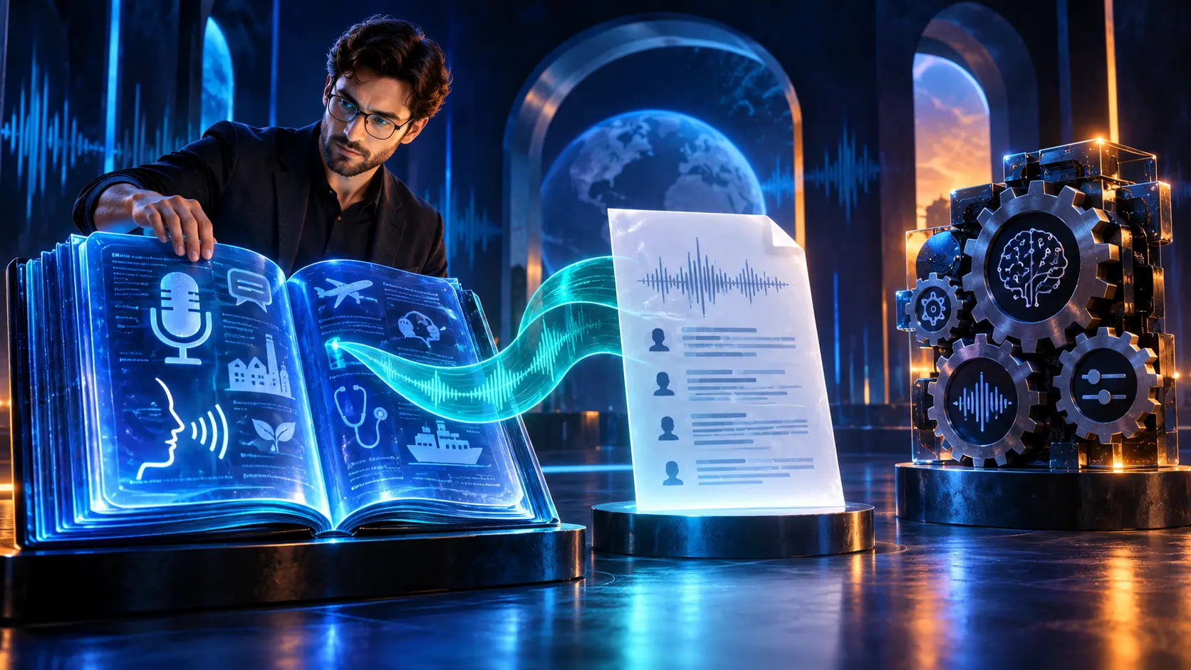 Cinematic conceptual image for Domain Context in Speech Recognition, featuring a person interacting with audio or transcript elements.