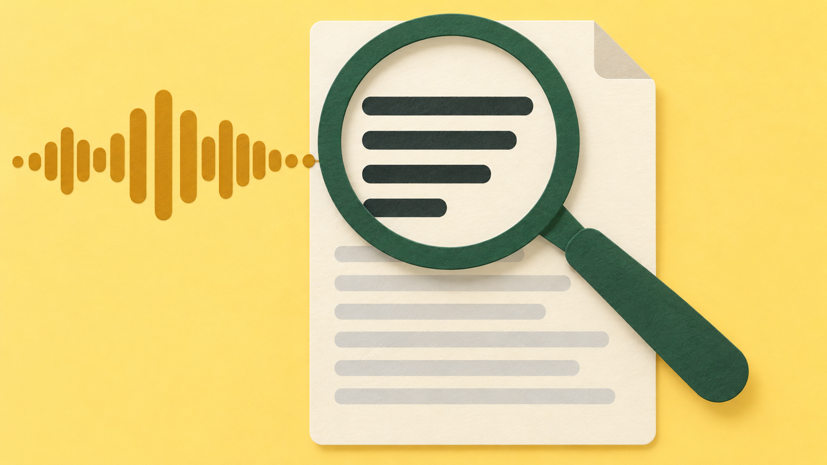 A green magnifying glass inspects a short transcript sample beside an ochre waveform.