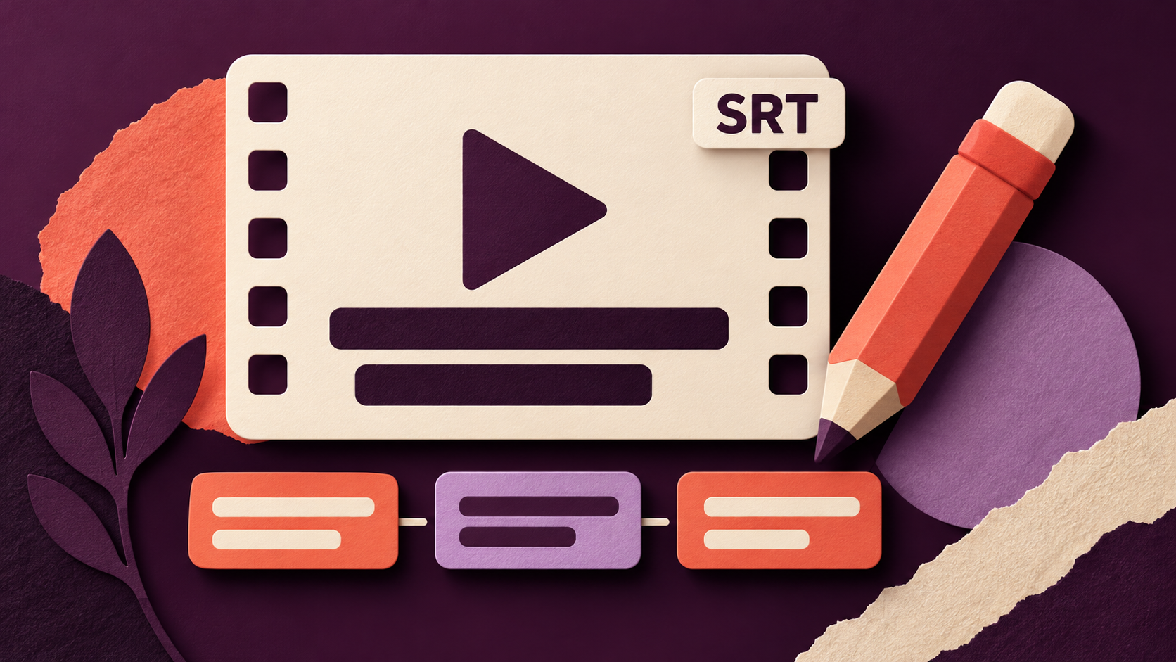 A cream video frame with subtitle bars, three cue blocks and a coral pencil on a plum background.