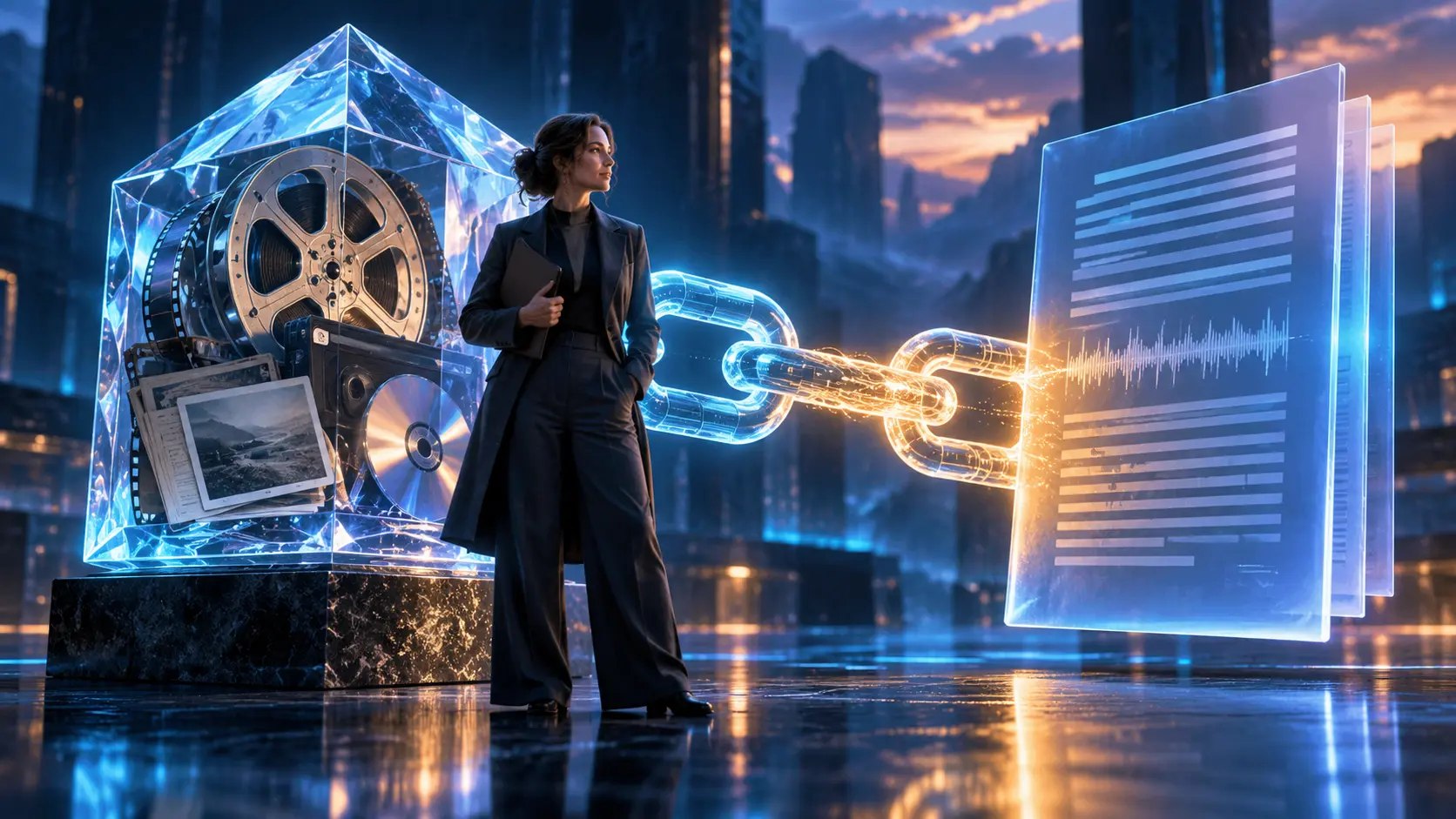 Cinematic conceptual image for Media Provenance for Transcription, featuring a person interacting with audio or transcript elements.