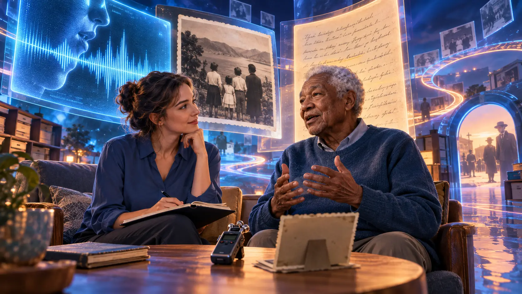 Cinematic conceptual image for Oral History Transcription, featuring a person interacting with audio or transcript elements.