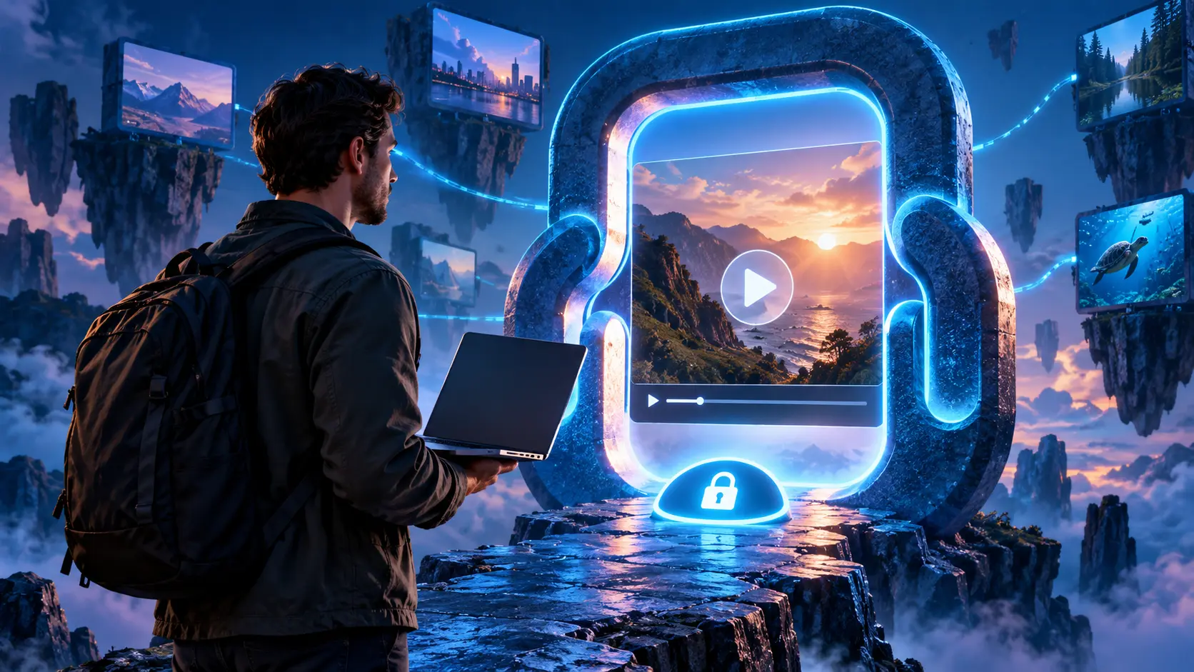 Cinematic conceptual image for Public Media URL Transcription, featuring a person interacting with audio or transcript elements.