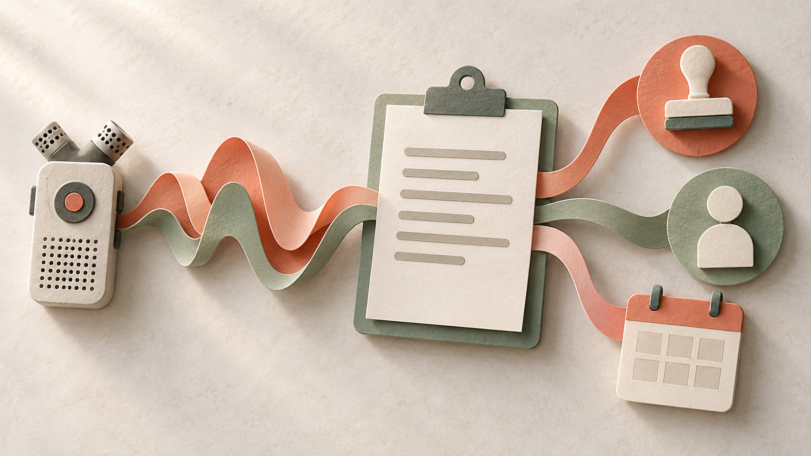 Paper audio ribbons connect a recorder to a clipboard and decision, owner and calendar symbols.