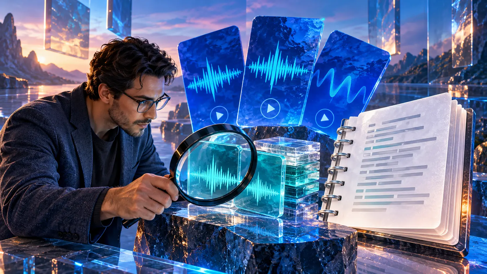 Cinematic conceptual image for Building a Transcription Test Set, featuring a person interacting with audio or transcript elements.