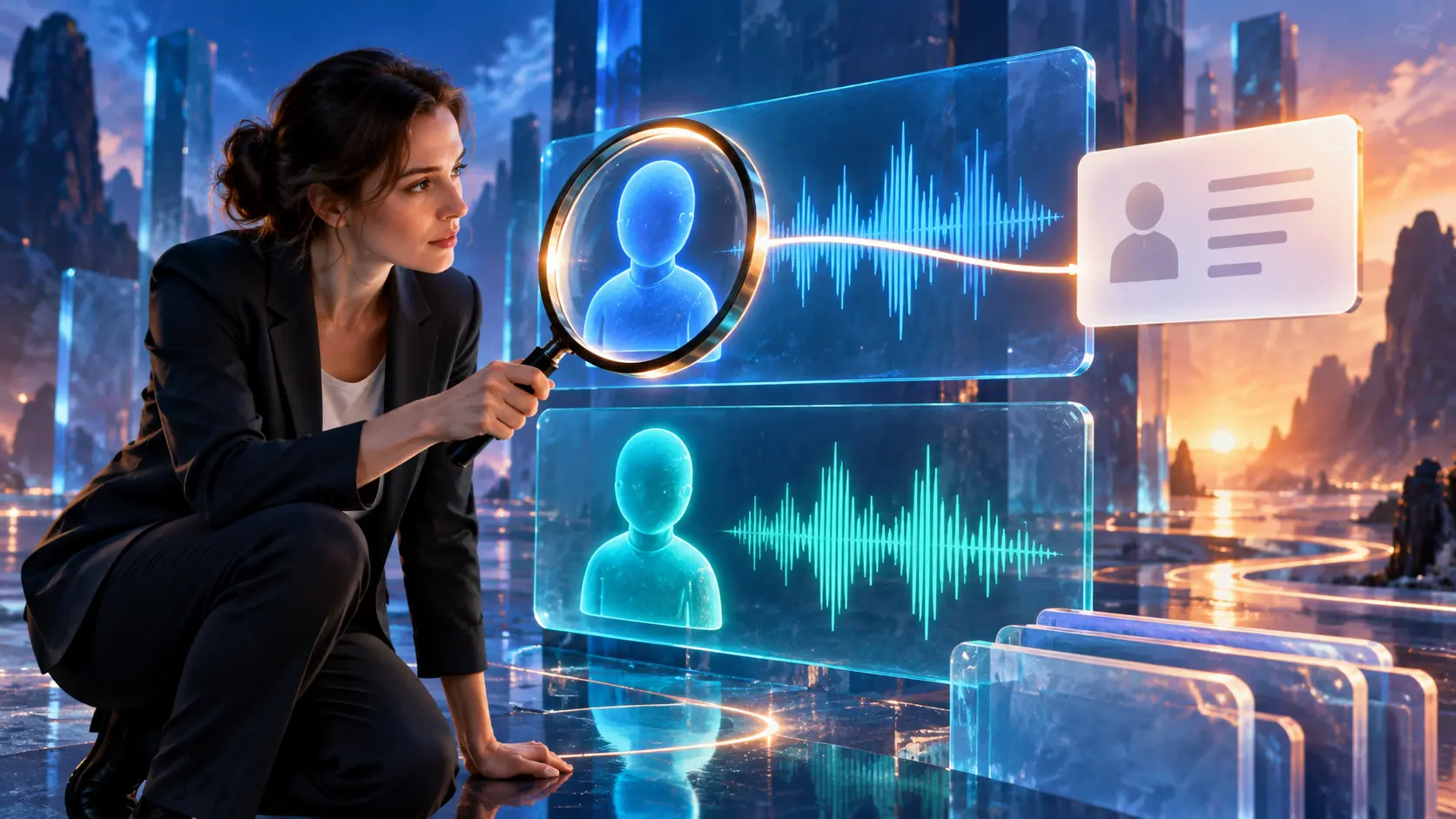 Cinematic conceptual image for Speaker Labels and Real Identity, featuring a person interacting with audio or transcript elements.