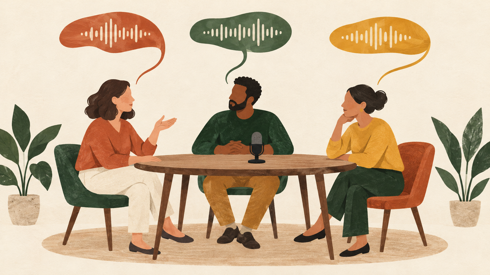 Three participants at a recording table have distinct colored voice ribbons matching their clothing.