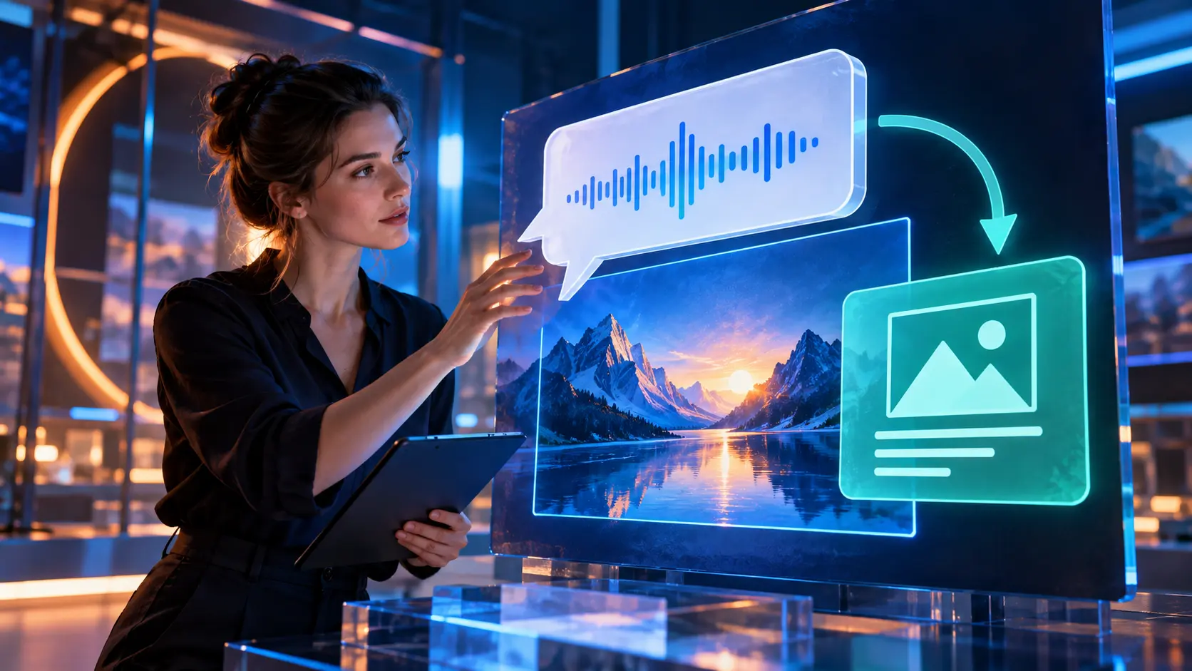 Cinematic conceptual image for When Speech Refers to Visuals, featuring a person interacting with audio or transcript elements.