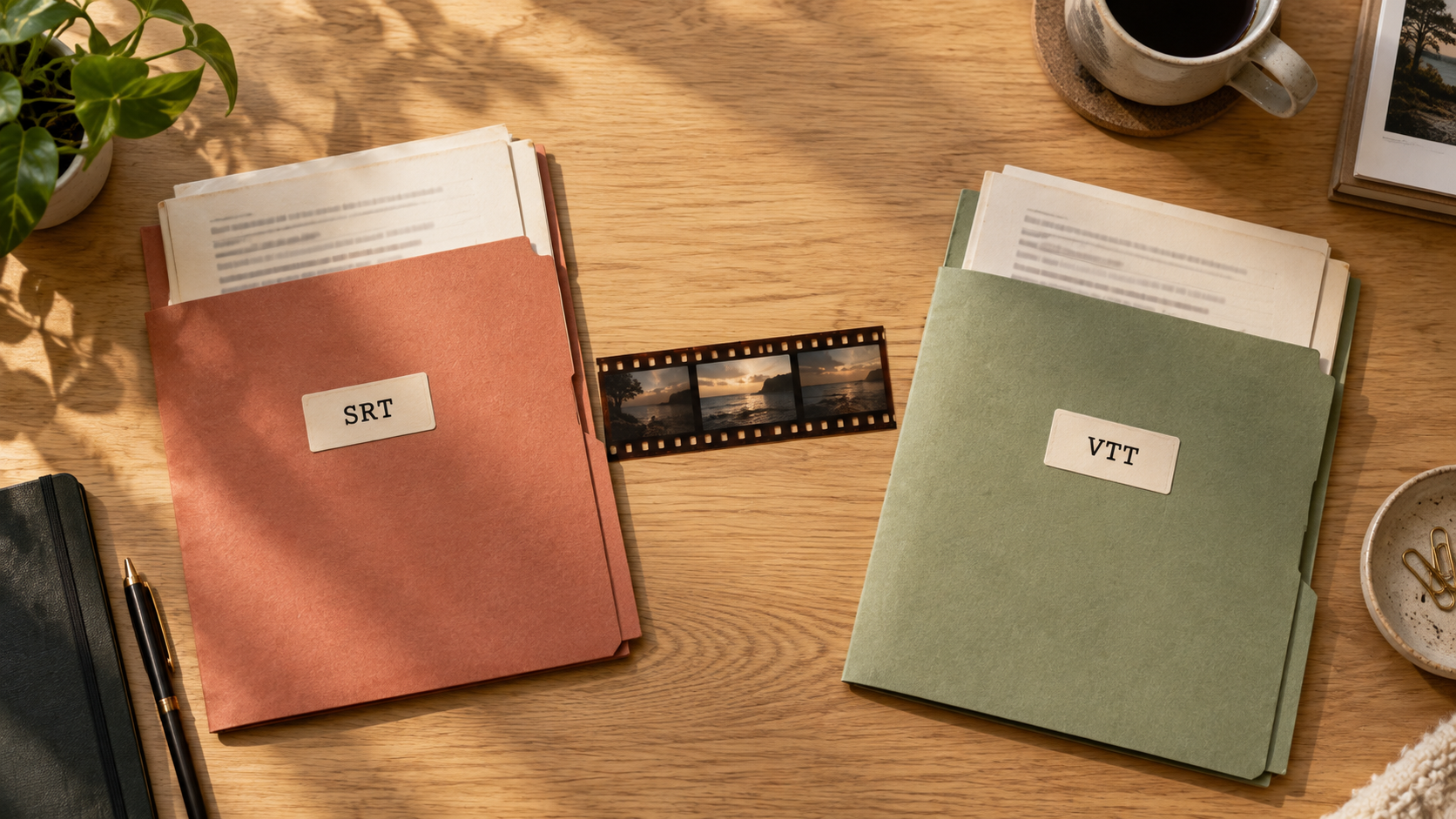 Terracotta SRT and sage VTT document folders lie beside a filmstrip on a light oak desk.