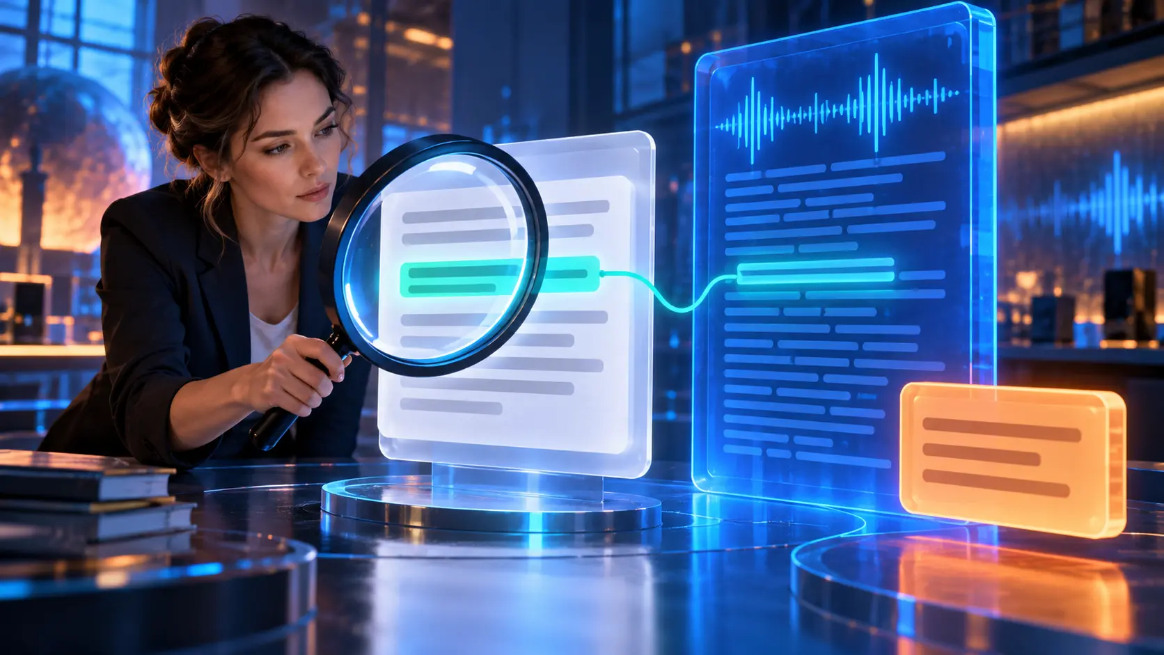Cinematic conceptual image for Auditing Transcript Summaries, featuring a person interacting with audio or transcript elements.