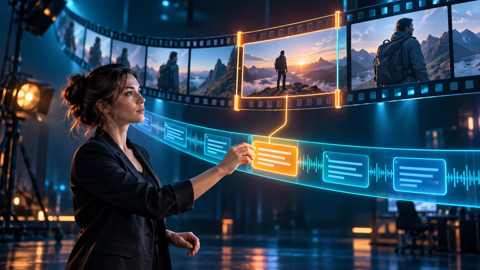 Cinematic conceptual image for Text-Based Video Editing, featuring a person interacting with audio or transcript elements.