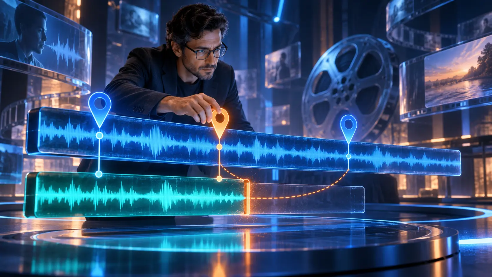 Cinematic conceptual image for Transcript Timestamp Drift, featuring a person interacting with audio or transcript elements.