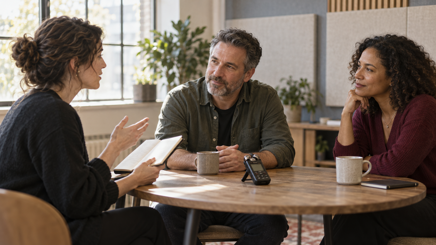 An interviewer with a notebook listens to two guests around a table with a portable recorder.