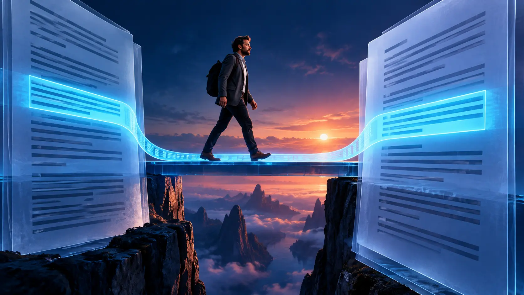 Cinematic conceptual image for Transcript Retrieval and Chunking, featuring a person interacting with audio or transcript elements.