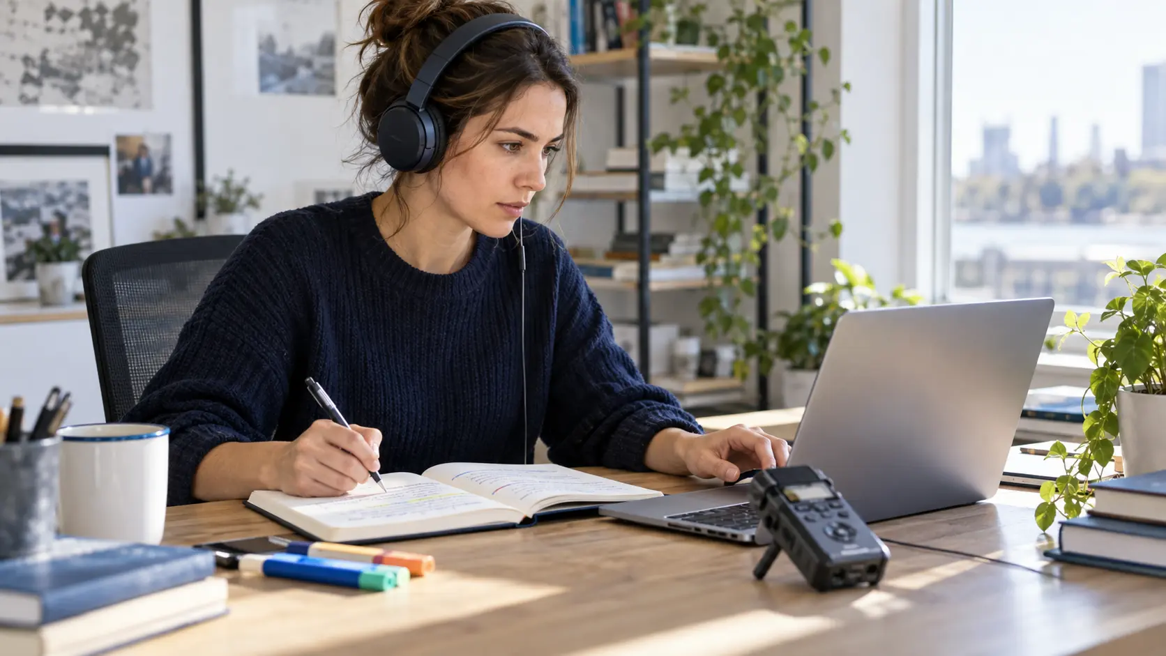 An analyst reviewing recorded speech and organizing concise working notes.