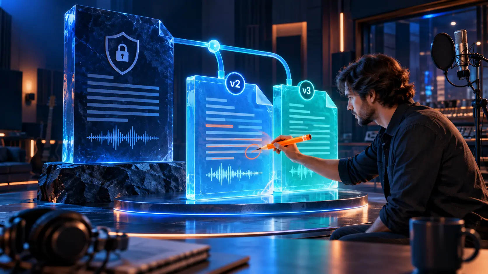 Cinematic conceptual image for Transcript Version Control, featuring a person interacting with audio or transcript elements.