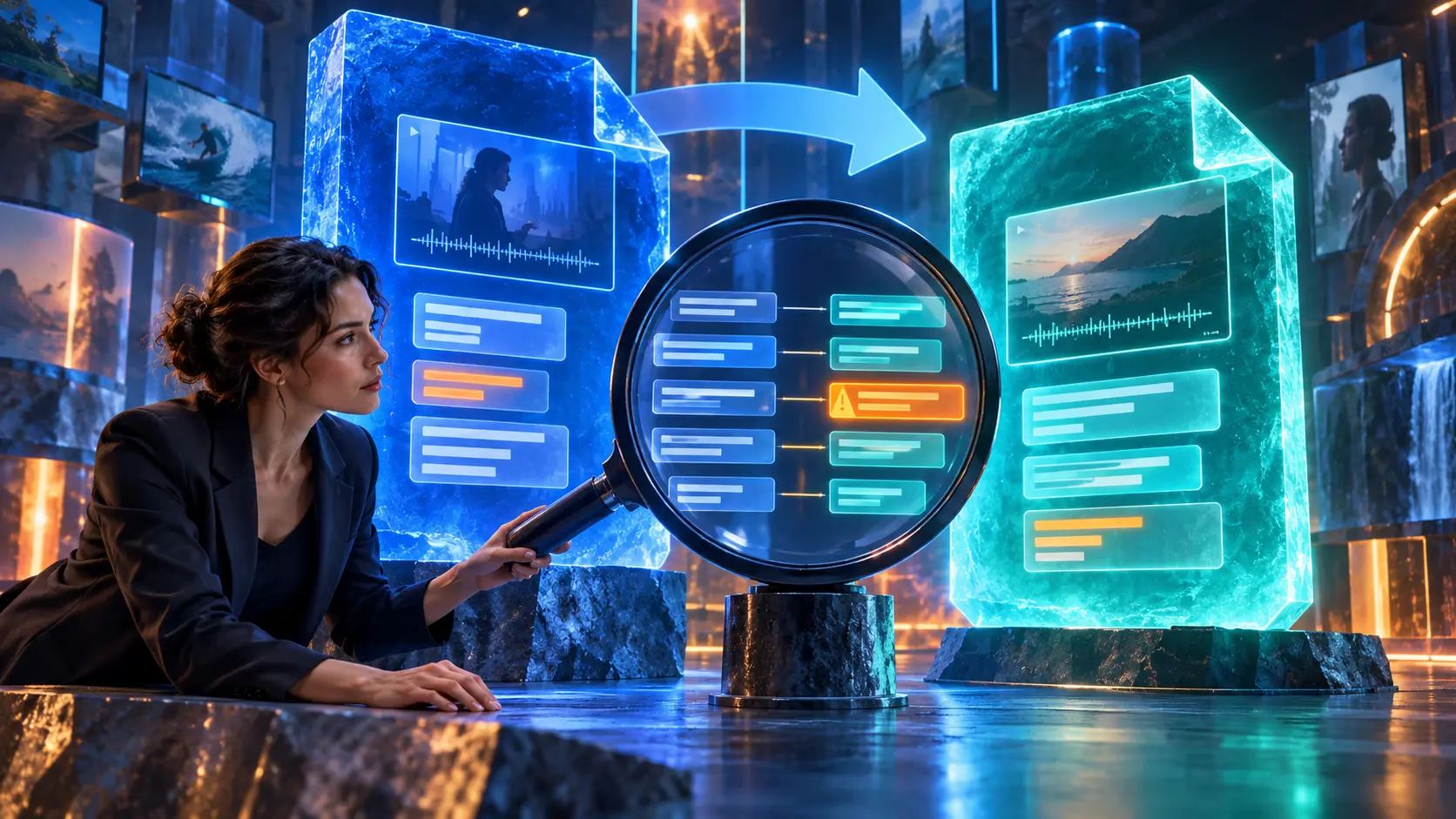 Cinematic conceptual image for TTML and IMSC Caption Interchange, featuring a person interacting with audio or transcript elements.
