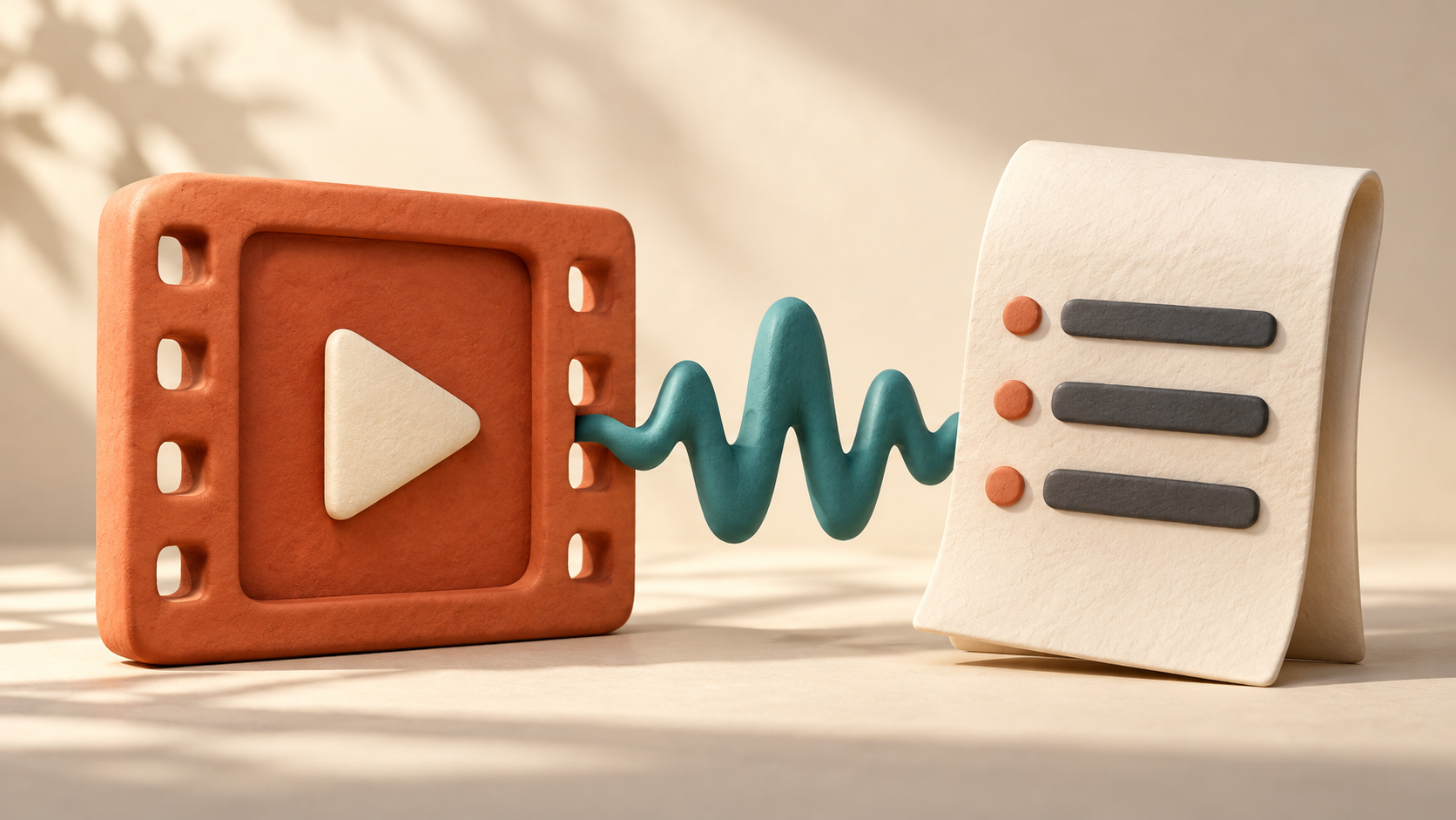 A terracotta video frame connects through a teal waveform to a cream transcript document.