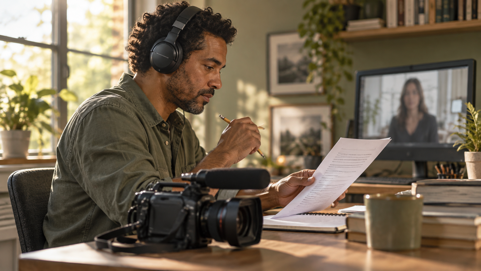 An editor checks a printed transcript beside a video camera and an out-of-focus monitor.